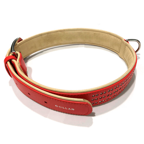 Zgarda rosie din piele Collar cu cristale mici 46-60 cm